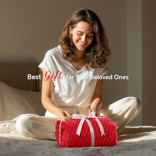 Image of BEDELITE Red Throw Blanket for Couch, Soft Cozy Gifts for Women, 50 * 60 | 3D Jacquard Decorative Fleece Blanket, Super Soft Plush Throws, Cute Birthday Gift for Women & Men, Suitable for All Seasons
