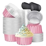 Hisemy Tazas de Papel de Aluminio Reutilizables, 50 Piezas 5oz con Tapa, para Hornear Tartas, Postres y más, Color Rosa