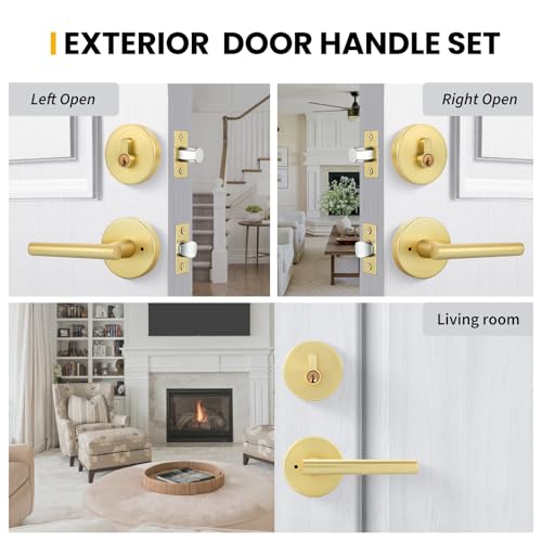 Image of Goldenwarm 1 Pack Exterior Gold Door Handle with Deadbolt, Single Cylinder Deadbolt and Entry Door Handle Set,Brushed Gold Front Door Lock Set