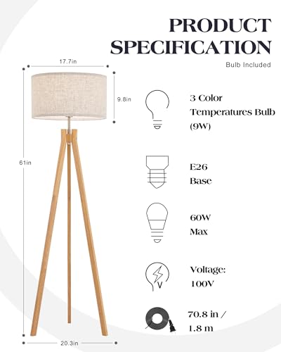elyona nordic wood tripod floor lamp modern reading standing lamp for living room 3 color temperatures led bulb included flaxen lamp shade boho natural wooden floor lamp for bedroom office kids room