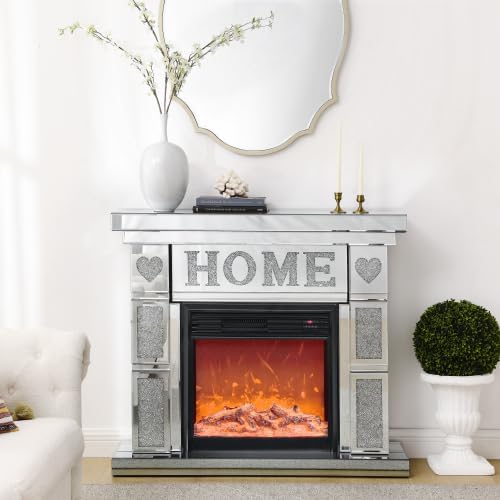 Mirrored Electric Fireplace, Freestanding Faux Fireplace with Mantel and 3D Realistic Flame, Silver TV Stand with Remote Control for Living Room Bedroom