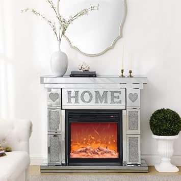 Mirrored Electric Fireplace, Freestanding Faux Fireplace with Mantel and 3D Realistic Flame, Silver TV Stand with Remote Control for Living Room Bedroom
