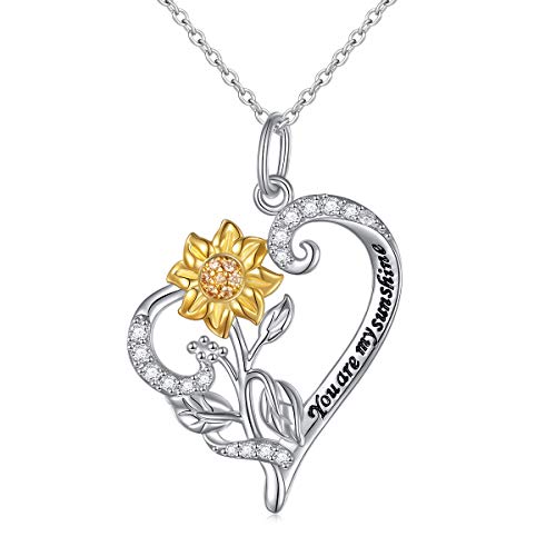 Sterling Silver You Are My Sunshine Sunflower CZ Heart Pendant Necklace 18