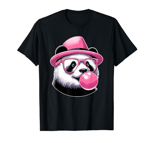 Panda con gafas rosas y sombrero, burbuja de goma y cara de panda genial Camiseta