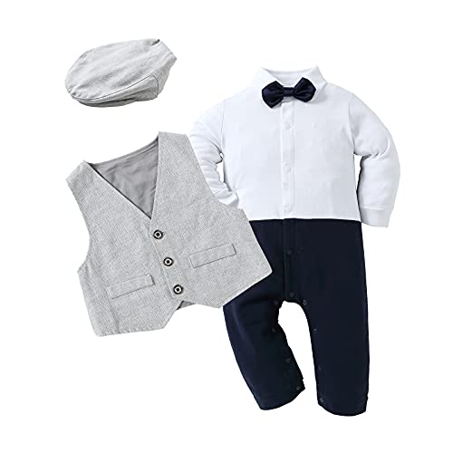 HOSUKKO Baby Boy Suit, One-Piece Romper & Vest & Beret & Bow Tie,Infant Boys Gentleman Outfits Sets for Formal Occassion (Long Sleeve, 0-24 Months),Black,6-12M
