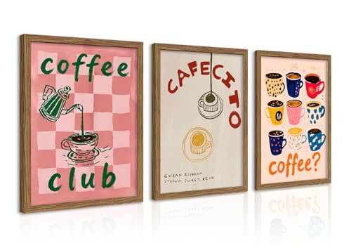 Vintage Coffee Wall Art Set of 3 Framed, Funny Kitchen Cafe Wall Decor, Retro Coffee Bar Canvas Prints Poster Artwork Painting for Coffee Station Dining Room Decor 12x16 Inch