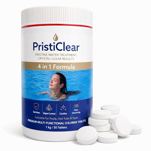 PristiClear Multifunction Chlorine Tablets 1kg 4 in 1 Formula Chlorine Tablets for Hot Tub & Swimming Pool Sanitiser for Crystal Clear Water. Sanitiser Stabiliser Algaecide and Clarifier