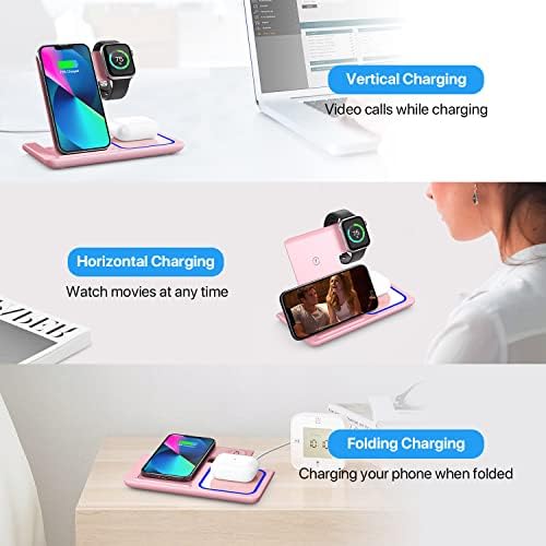 Wireless Charging Station, 3 in 1 Wireless Charger Stand, Fast Wireless Charging Dock for iPhone13/12/11/Pro/X/Max/XS/XR/8/Plus, Apple Watch7/6/5/4/3/2/SE, Airpods 3/2/Pro(Pink)
