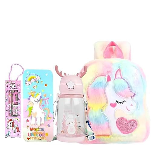 Taufa Villa Unicorn Fur Bag With Unicorn Geometric Box,Bottle,Pencil Set For Girls Birthday Gifts For Kids Girls (Set Of 4), Multicolour