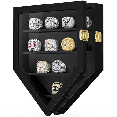 Image of TJ.MOREE 12 Rings Championship Ring Display Case Wall Mount Wooden | Shadow Box with Locks to Show Sport, Class, Fraternity, and Award Rings, Black