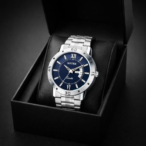 Matrix Antique Day & Date Leather Strap Analog Watch for Men & Boys (Blue - Silver) - Image 3