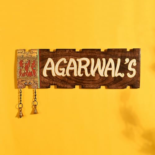 Image of Aakriti Art Creations Dhokra Doorway Handcrafted Dhokra Brass Art Solid Wood Nameplate for Home Entrance | Customised Name Plate for Home Entrance Outdoor | Wooden Name Plate for Home Entrance |