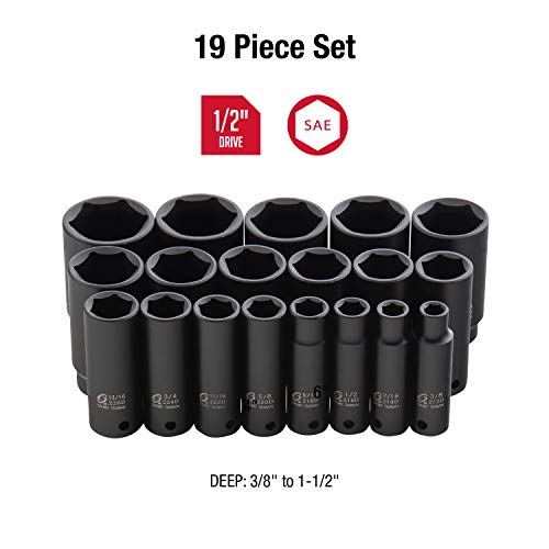Sunex 2641, 1/2 Inch Drive Deep Impact Socket Set, 19-Piece, Sae, 3/8" - 1-1/2", Cr-Mo Alloy Steel, Radius Corner Design, Dual Size Markings, Heavy Duty Storage Case #TOP1