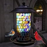 Teravem Solar Bird Feeder with Stained Glass, Easy Clean and Top Fill, Adjustable Feeder with Sturdy Wire and Roof, Plastic, for Garden, Backyard, Terrace(1.5lbs/Diamond)