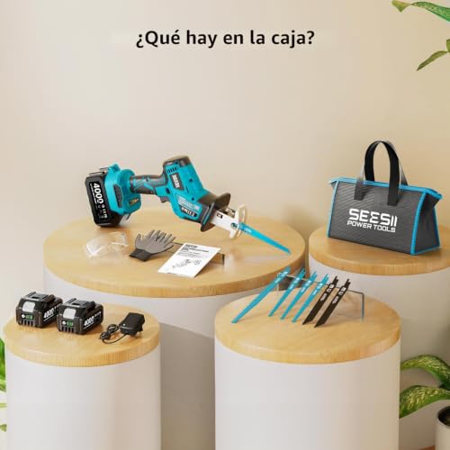 Miniatura 8 de Seesii Sierra Sable Inalámbrica 21v, Sierra Alternativa De 2 Baterías 4.0ah, 3500 Rpm Motor Sin Escobillas, Luz Led, 8 Hojas De Sierra Portátil Para Madera Pvc De Corte