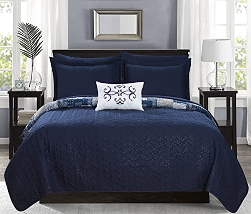 Chic Home Bqs11374-An Eliana 4 Piece Reversible Coverlet Set Embossed Patchwork Bohemian Paisley Print Quilted Design Bedding-Decorative Pillow Shams Included, King, Blue #TOP1
