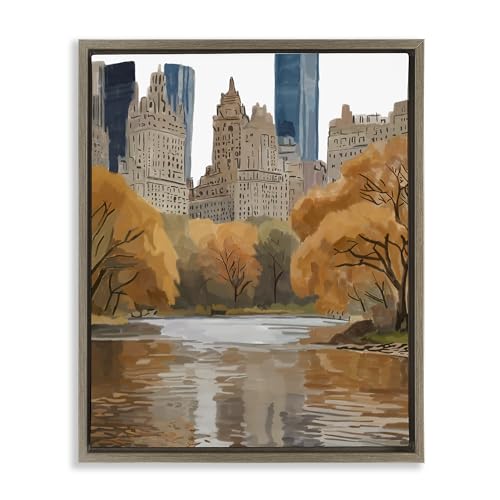 Autumnal New York Across River, 17 x 21 Inch Canvas in Floater Frame