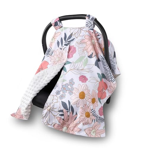 Image of HNHUAMING Car Seat Cover Baby, Infant Car Seat Canopy Covers for Newborn Girls Boys, Soft Breathable Minky Carseat Covers Stretchy Multi-Use Nursing Cover for Stroller Baby Car Seat, Daisy Flroal