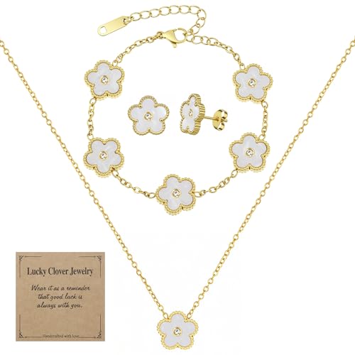 Double Sided Five Leaf Clover Jewelry Set for Women, 18K Gold Plated Stainless Steel, Black Mother of Pearl on One Side & Full Zircon Inlay on the Other, Adjustable Lucky Jewelry Set, Gifts for Girlfriend Wife Mom Daughter Granddaughter (02-White)