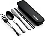 Travel Utensils with Case, Quatish Portable Utensil Set for Work, Stainless Steel Reusable Travel Cutlery Set, Spoon and Fork Set for Camping, Picnic, Gadgets, Men Lunch Box, Camping Essentials, Black