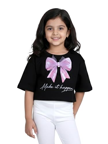 Image of KiddoPanti Girls 100% Cotton Solid Drop Shoulder Half Sleeve Round Neck Crop Tee
