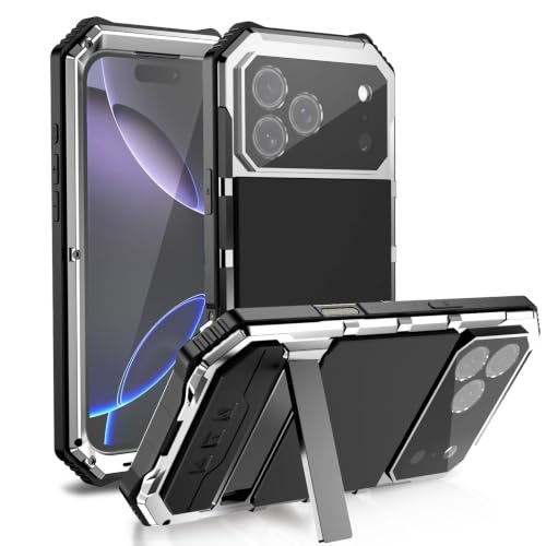 Coque iPhone 17 Pro Max rigide métal verre silicone avec support antichoc argent