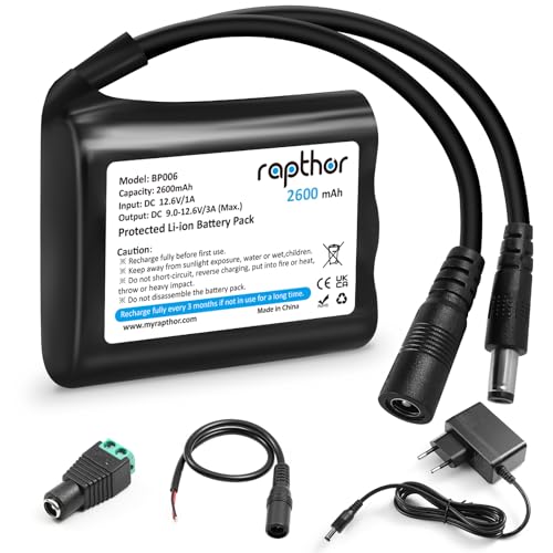 Rapthor Wiederaufladbarer 12V 2600mAh Lithium-Ionen-Akku mit Ladegerät, kompatibel mit 12V-Geräten, Außenbeleuchtung, DIY-Projekten, Radios, Angellampen, LED-Lichtleisten und Überwachungskameras