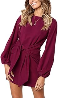 PRETTYGARDEN Women’s Elegant Long Lantern Sleeve Short Dress Crewneck Tie Waist Knit Cocktail Dress Wine Red