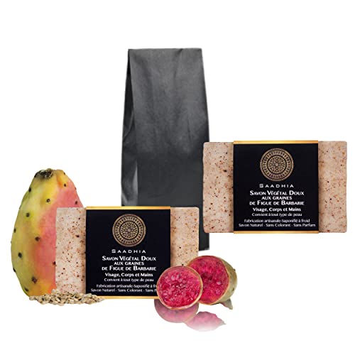 lot de 2 Savons Doux aux Graines de Figue de Barbarie|Saponifié -Végétal-100% Naturel|100g|Fabrication artisanale|Tous type de peau,visage,corps|Nettoie,exfolie|hypoallergénique|surgras|Made in France Cover