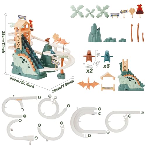 Maycoly Dinosaurier Kletterrutsche Spielzeug Rennbahn Doppelschleifenbahn Rutsche mit Musik Dinosaurier Klettern Treppe Spielzeug für Kinder Intelligenz pädagogische Puzzle Playsets ab 3 Jahre, Grün