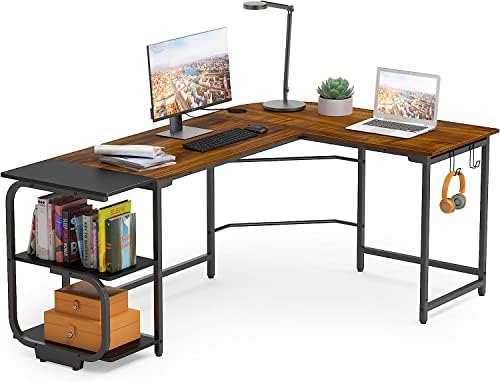 Merronix L Shaped Office Desk, Modern Reversible L Gaming Desk for Home Office, Spacious Desktop Corner Computer Desk, Teak
