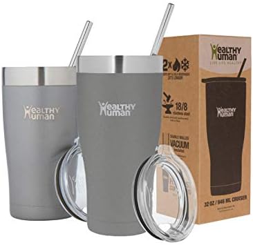 Healthy Human Stainless Steel Tumbler with Straw & Lid | Splash Proof Insulated Travel Cup | Eco-Friendly Coffee Tumblers | Water Cups with Straws Cleaner and Splash Proof Lids (20oz, Slate Gray)