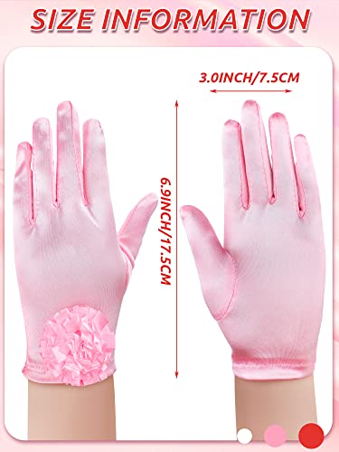 3 Pairs Girls Dress Gloves Stretch Wrist Length Flower Tea Party Gloves Gorgeous Girls Gloves Wedding Satin Gloves, Red, Pink And White #TOP2