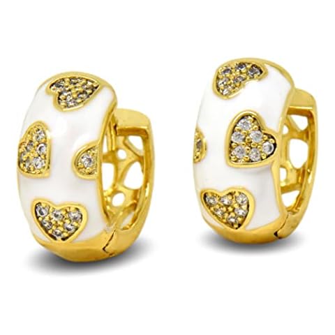 Blue Diamond Club - 9ct Gold Filled Women's White Enamel Hoop Earrings with Heart Shape CZ Crystals Cover