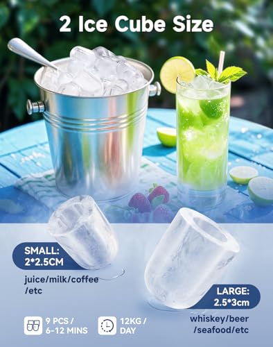 Ice Maker with Handle, 2 Sizes of Bullet Ice Maker Machine, 9 Cubes Ready in 6 Mins, 12Kg/24H, Visual Window, Ice Scoop & Basket, Self-Cleaning, Removable Top Cover, Perfect for Home/Office/Bar - Image 3