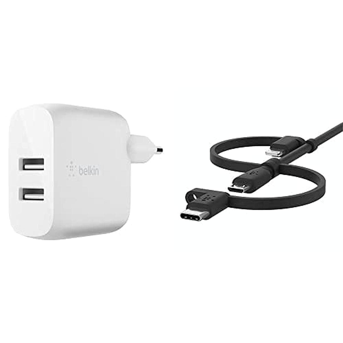 Belkin Cargador de Pared Doble USB-A BoostCharge de 24 W, para iPhone 12, 12 Pro, 12 Pro MAX, 12 Mini y Modelos anteriores, Samsung S20, S20+, S20 Ultra, Pixel 4 y Otros + Cable Universal