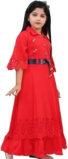 Girls Purple Cotton Blend Fit and Flare Dress, Knee Length, Three-Quarter Sleeves, Printed Pattern with Belt, Price In India