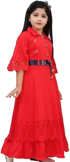 Girls Purple Cotton Blend Fit and Flare Dress, Knee Length, Three-Quarter Sleeves, Printed Pattern with Belt,