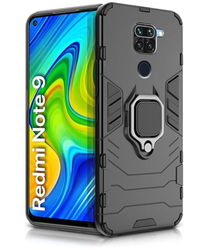 WOW IMAGINE Shock Proof Back Case Mobile Cover for Xiaomi Mi Redmi Note 9 (Armor | Hybrid PC + TPU | Full Protection with Ring Holder Kickstand | Carbon Black)- Best and cheap mobile covers in India