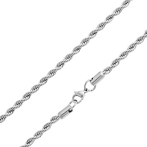 Stainless Steel 4mm Twist Rope Chain Necklace, 22\" Inches-28\" Inches (Silver 24\" Inches)