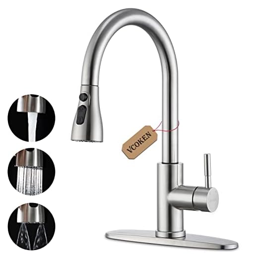 Kitchen Faucet with Pull Down Sprayer - Stainless Steel Kitchen Sink Faucet, Commercial Modern RV Faucet, High Arc Single Hole Single Handle Kitchen Faucet, 3-Function Pull Down Faucet, Brushed Nickel