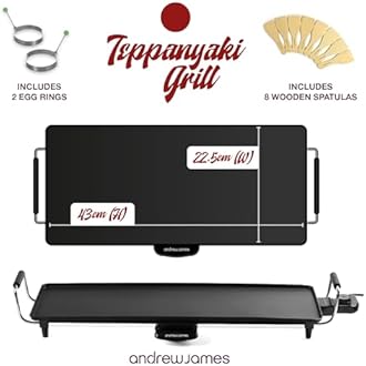 Andrew James Teppanyaki Electric Grill Plate & 2 Egg Rings | Large Non-Stick Tabletop Griddle with 43cm x 22.5cm Hot Plate & Adjustable Temperature | Includes 8 Wooden Spatula & Recipes in Manual