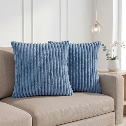 Image of Yellow Weaves Pencil-Stripe Fur Cushion Covers | Soft Polyester | Decorative Sofa & Throw Pillow Covers | 16x16 Inches, Pack of 2 (Sky Blue)