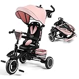 Kinder King Kids Trike Tricycle for Toddlers 1-3, 8 in 1 Folding Toddler Tricycle Bike w/1-Step Brake, Adjustable Push Handle, Rotatable Seat, Adjustable Canopy, Bell, 5-Point Harness, Storage, Pink