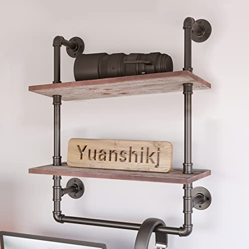 Yuanshikj Rustic 2-Tier (24X10X29 Inches) Industirial Pipe Wall-Mounted Shelf -Solid Pine Wood Planks And Iron Black Pipes For Living Room Decor And Storage Bookshelf #TOP4
