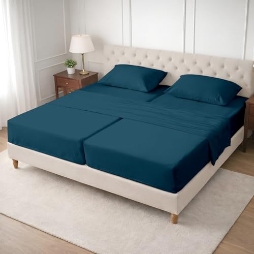Image of SGI Split King Sheet Set for Adjustable Bed Egyptian Premium Cotton 600 Thread Count Sheets for Sleep Number Bed 15 inch Deep Pocket 5 Pc Set with 2 Twin XL Fitted Sheets Soft Breathable -Teal