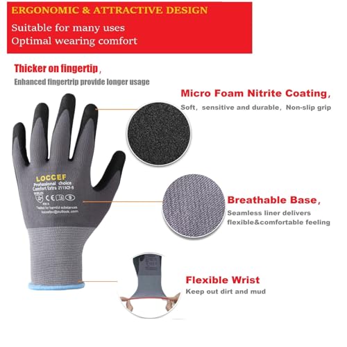 LOCCEF Safety Work Gloves MicroFoam Nitrile Coated-12 works,Seamless Knit Nylon, Home Improvement,Micro-Foam Gloves (9/L - Image 3