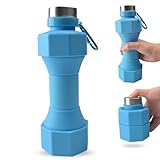 Mitour Collapsible Dumbbell Water Bottle, 22.88oz BPA Free Silicone Reusable Portable Lightweight Foldable Water Bottles with Carabiners for Hiking, Portable Leak Proof Sports Water Bottle
