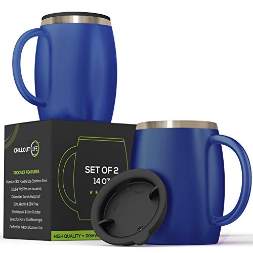 Stainless Steel Insulated Coffee Mugs Set of 2 14oz – Double Wall Coffee Cups With Spill Resistant Lid Strong Handle – Shatterproof Cups for Cold Drinks Hot Beverages - for Indoor Outdoor Use
