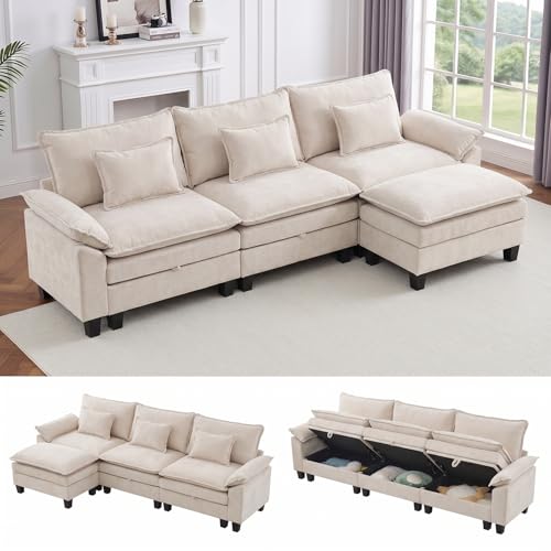 Image of IPKIG 117 inch Modular Cloud Couch with Storage, L Shaped Sectional Sofa with Ottoman & Pillow, Chenille Deep Seat Sectional Couches for Living Room, Apartment, White
